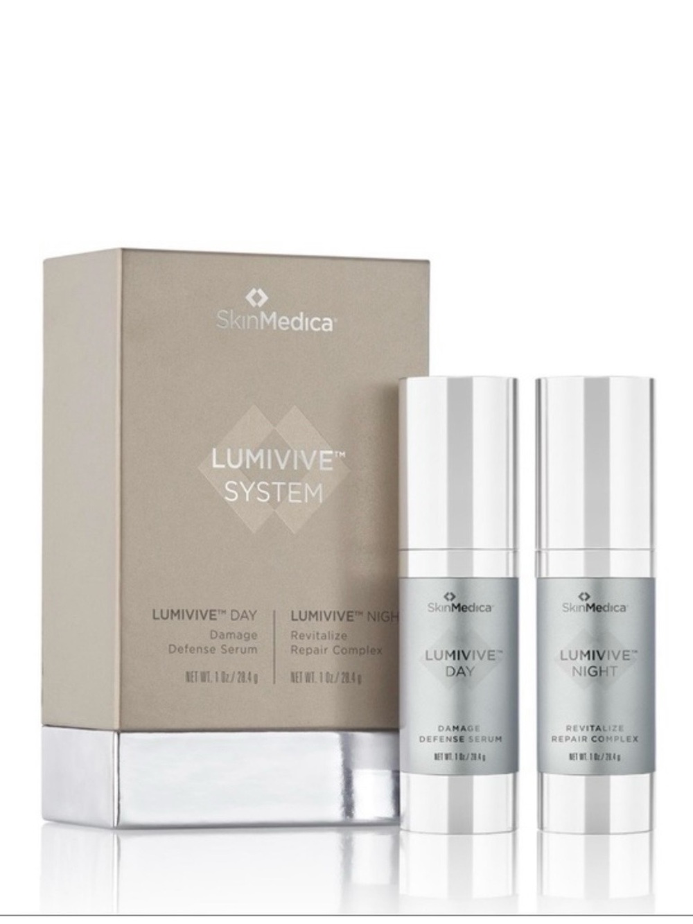 SkinMedica LUMIVIVE System with Gold and Silver Packaging.